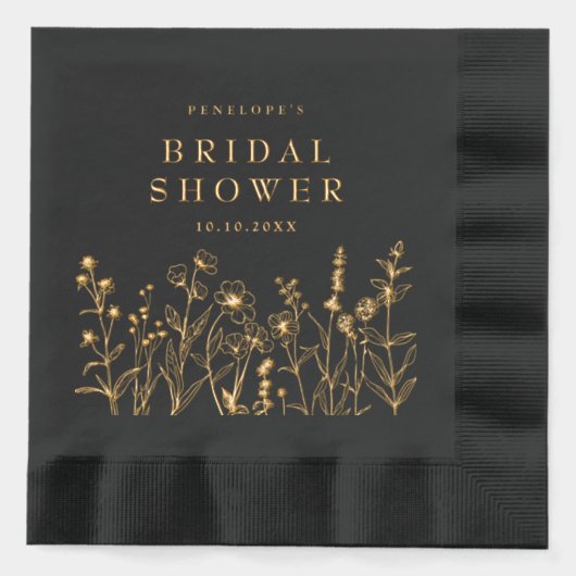 Simple Minimalist  Wildflower Bridal shower Gold 箔ナプキン (正面)