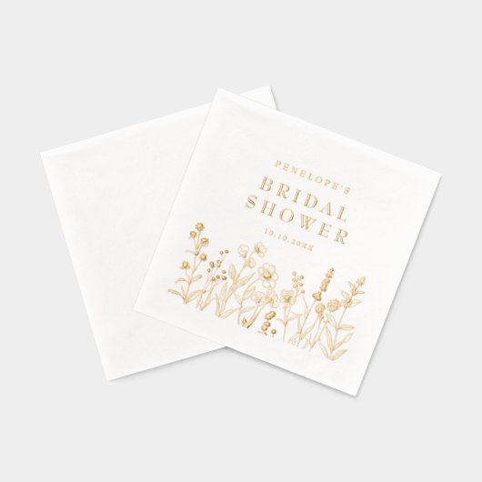 Simple Minimalist  Wildflower Bridal Shower Gold 箔ナプキン (裏面)