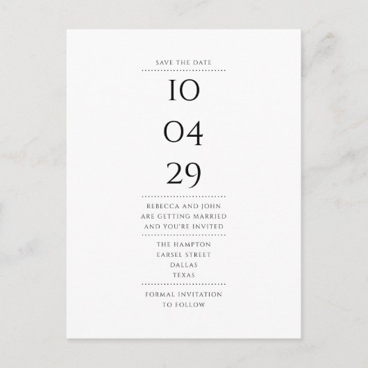 Simple Modern Black and White Save the Date ポストカード (正面)