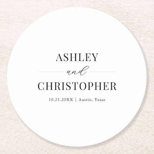 Simple Modern Black and White Wedding ラウンドペーパーコースター (正面)