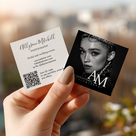 Simple Modern Black White Photo QR Photography スクエア名刺
