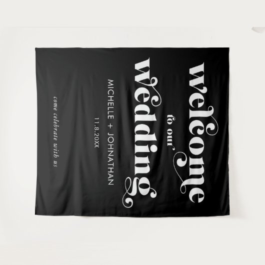 Simple Modern Black & White Wedding Welcome タペストリー (正面(横))