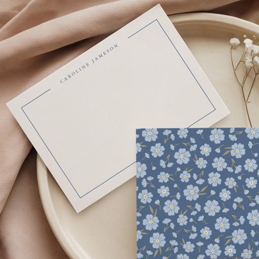 Simple Modern Blue Floral Flat Note Card ノートカード