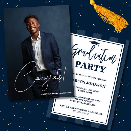 Simple Modern Blue Photo 2026 Graduation Party 招待状