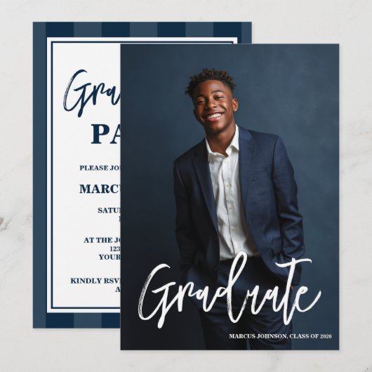 Simple Modern Blue Photo 2026 Graduation Party 招待状 (正面/裏面)