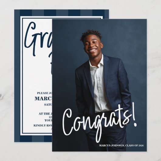 Simple Modern Blue Photo 2026 Graduation Party 招待状 (正面/裏面)