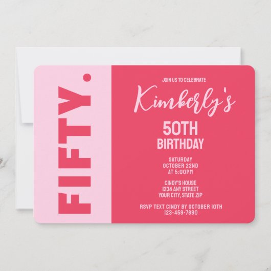 Simple Modern Bold Pink & Red 50th Birthday 招待状 (正面)