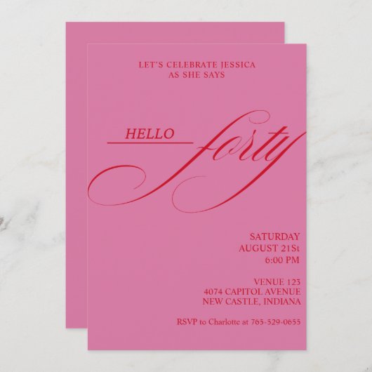 Simple Modern Caligraphy Forty 40th Birthday Party 招待状 (正面/裏面)