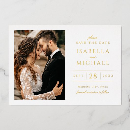Simple Modern Classy Luxury Photo Save the Date 箔招待状 (正面)