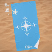Simple Modern Compass and Airplane Travel Custom ビーチタオル