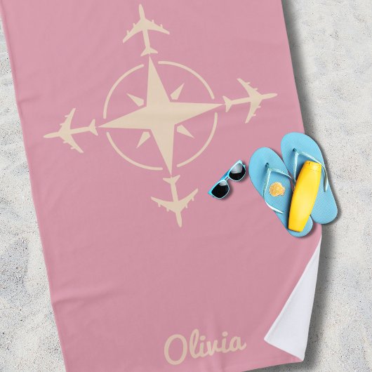 Simple Modern Compass and Airplane Travel Custom ビーチタオル
