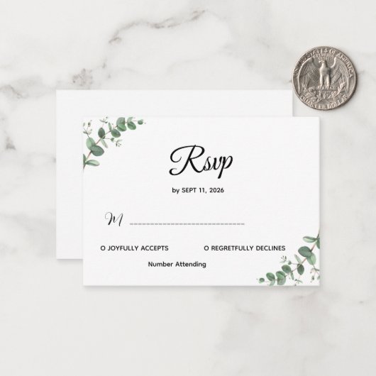 Simple Modern Eucalyptus Greenery Wedding RSVP Car ノートカード (正面/裏面インサイチュ)