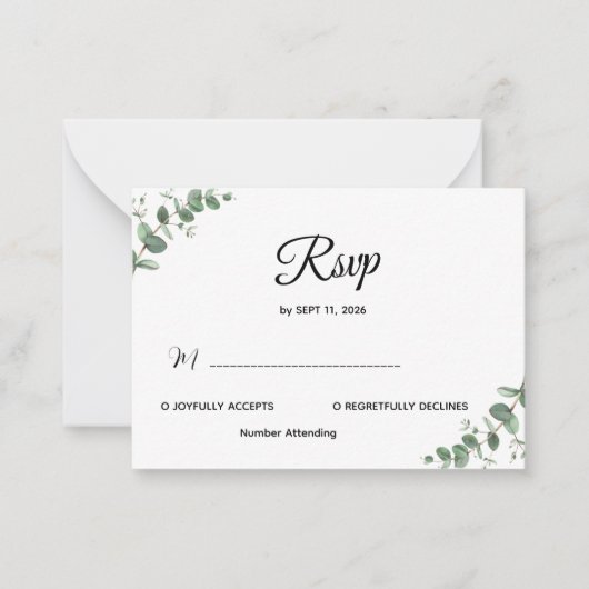 Simple Modern Eucalyptus Greenery Wedding RSVP Car ノートカード (正面)