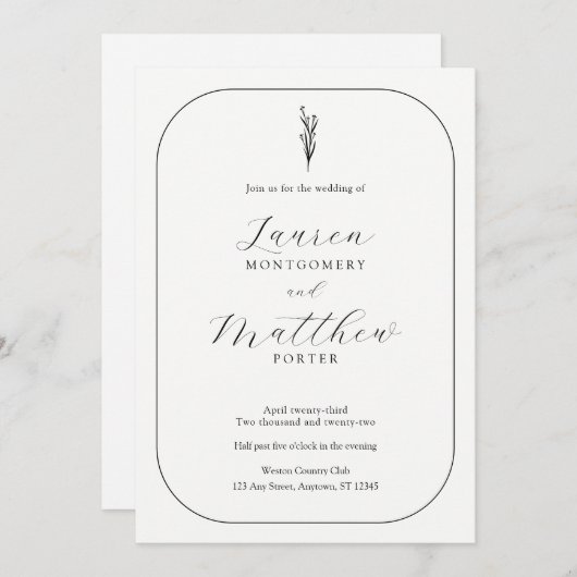 Simple Modern Floral Black and White Wedding 招待状 (正面/裏面)