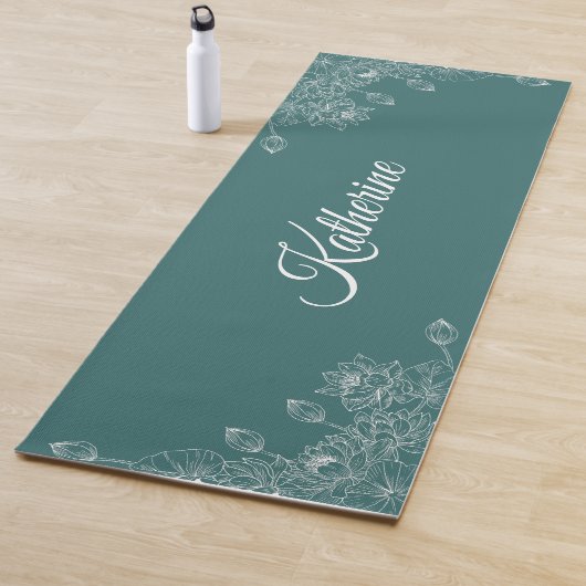 Simple Modern Floral Script Name Jade Green Lotus ヨガマット (インサイチュ)