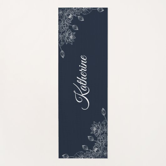 Simple Modern Floral Script Name Navy Blue Lotus ヨガマット (正面)
