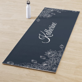 Simple Modern Floral Script Name Navy Blue Lotus  ヨガマット
