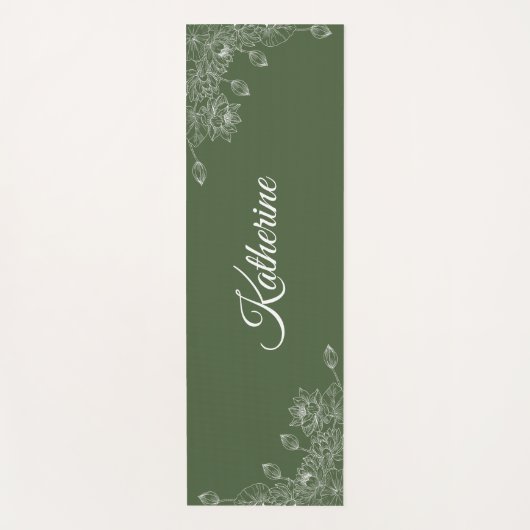 Simple Modern Floral Script Name Olive Green Lotus ヨガマット (正面)