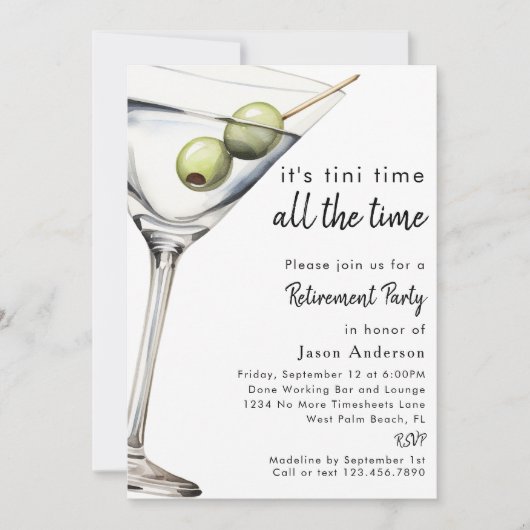 Simple Modern Funny Dirty Martini Retirement Party 招待状 (正面)
