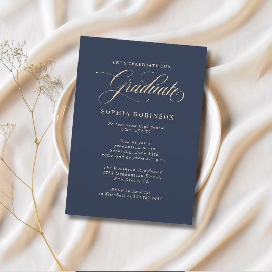 Simple Modern Gold Blue Graduation Party 招待状