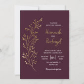 Simple Modern Gold Leaf Burgundy Wedding 招待状 (正面)