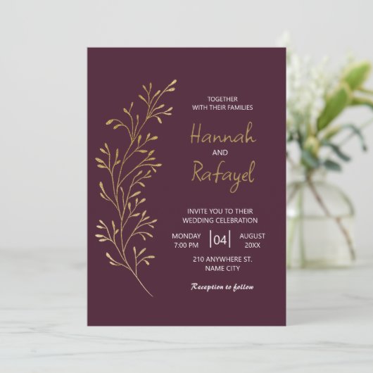Simple Modern Gold Leaf Burgundy Wedding 招待状 (スタンド正面)