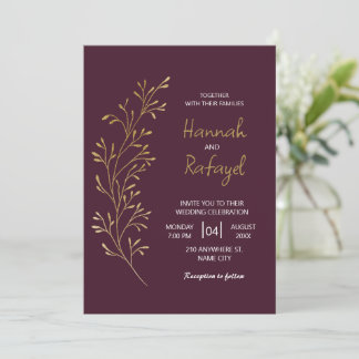 Simple Modern Gold Leaf Burgundy Wedding 招待状