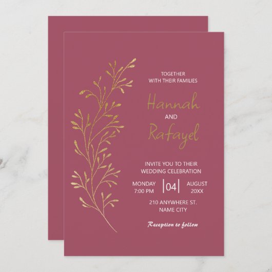 Simple Modern Gold Leaf Rose Wedding 招待状 (正面/裏面)