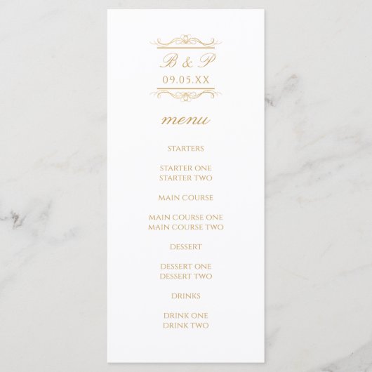 Simple Modern Gold Monogram Wedding Menu Card (正面)