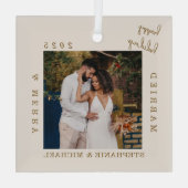 Simple Modern Married & Merry Gold Script Photo ガラスオーナメント (裏面)