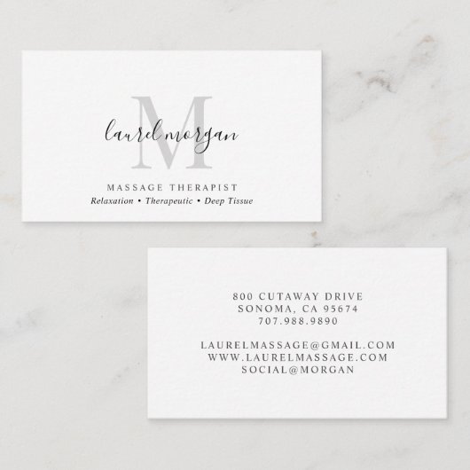 Simple Modern Massage Therapist Script Monogram 名刺 (正面/裏面)