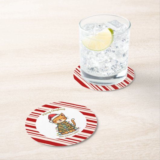 Simple modern merry christmas kitten CatMAS patter ラウンドペーパーコースター (インサイチュ)