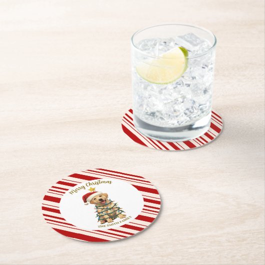 Simple modern merry christmas Lab puppy dog patte ラウンドペーパーコースター (インサイチュ)