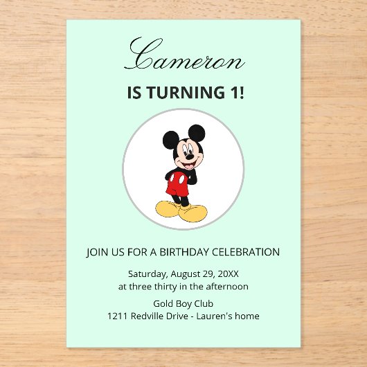 Simple Modern Mickey Mouse Disney Birthday アクリル招待状 (正面)