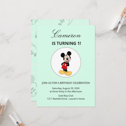 Simple Modern Mickey Mouse Disney Birthday 招待状 (正面/裏面インサイチュ)