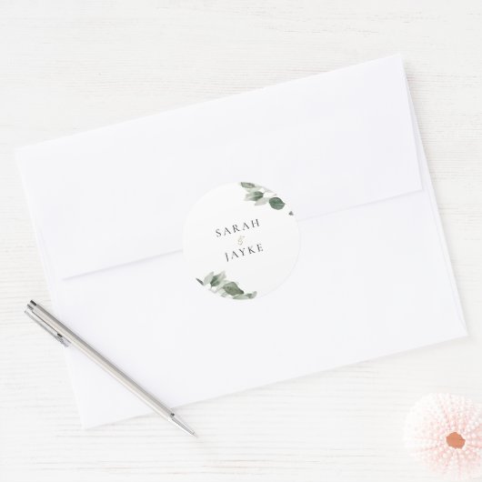 Simple Modern Minimal Green Leaf Wedding ラウンドシール (封筒)