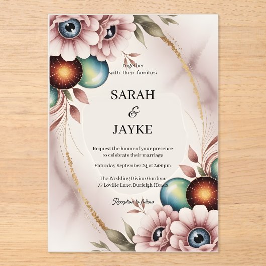 Simple Modern Minimal Green Leaf Wedding Acrylic  アクリル招待状 (正面)