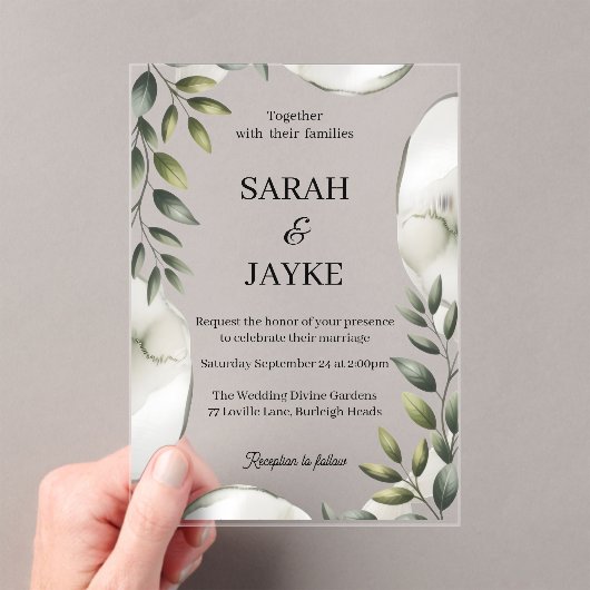 Simple Modern Minimal Green Leaf Wedding Acrylic  アクリル招待状 (インサイチュ (ポータブル))