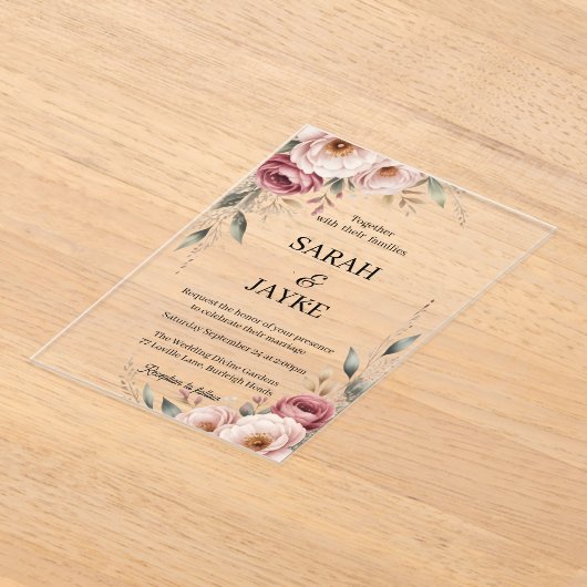 Simple Modern Minimal Green Leaf Wedding Acrylic  アクリル招待状 (レイダウン)