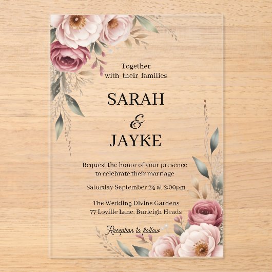 Simple Modern Minimal Green Leaf Wedding Acrylic  アクリル招待状 (正面)