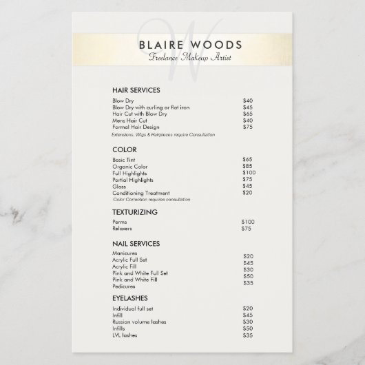 Simple Modern Monogram Gold Price List Menu チラシ (正面)