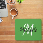 Simple Modern Monogram Initial Name Green White マウスパッド<br><div class="desc">Mouse pad with a modern green background and simple white and black custom monogram first initial and first name</div>