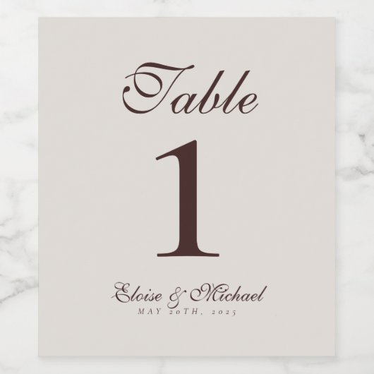 Simple Modern Neutral Brown Wedding Table Number  ワインラベル (シングルラベル)