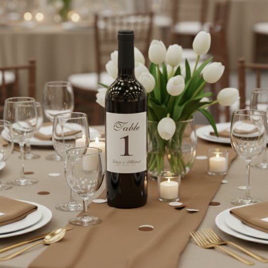 Simple Modern Neutral Brown Wedding Table Number ワインラベル
