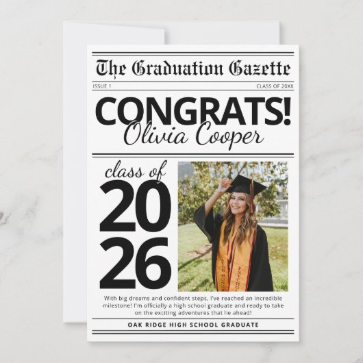Simple Modern Newspaper Graduation Announcement 招待状 (正面)