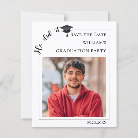 Simple modern photo Graduation Save the Date card (正面)