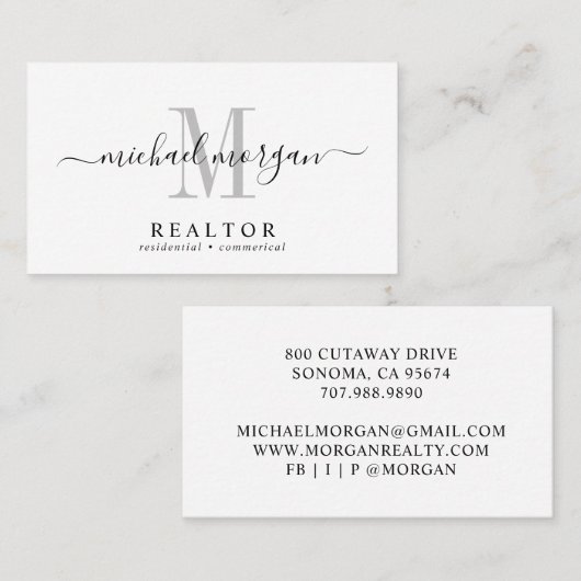 Simple Modern Realtor Script Monogram 名刺 (正面/裏面)