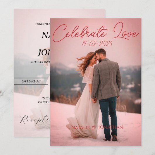 Simple Modern Red winter Wedding Invitation card 招待状 (正面/裏面)