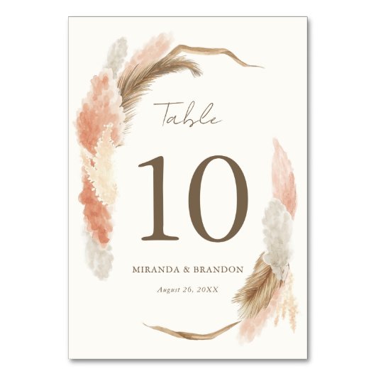Simple Modern Rustic Pampas Grass Wedding テーブルナンバー (正面)