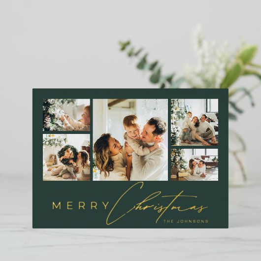 Simple Modern Script Photo Collage Green Christmas 箔シーズンカード (立ち正面)